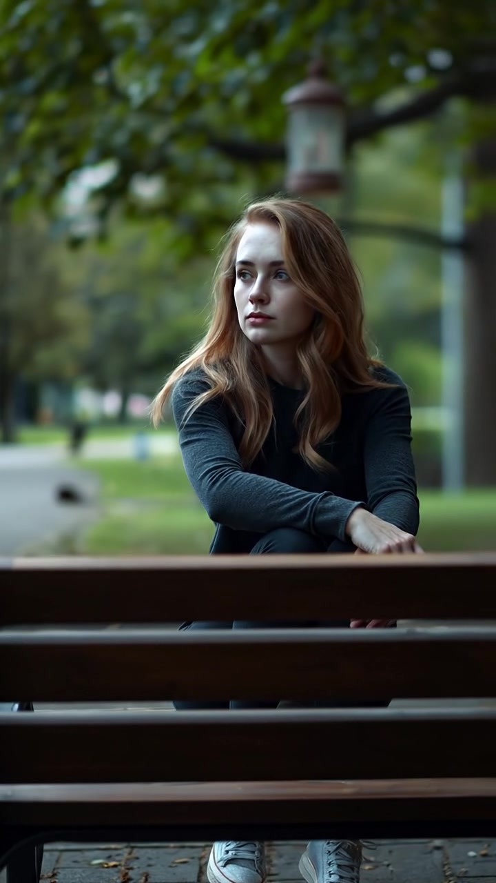 Ashley sitting alone on a park bench in a peaceful urban park, bathed in soft natural sunlight with gentle foliage shadows, capturing a moment of deep thought and longing, with a slow, smooth dolly shot and warm tones. The background features distant trees and a calm pathway, accompanied by the sound of rustling leaves and distant bird calls.