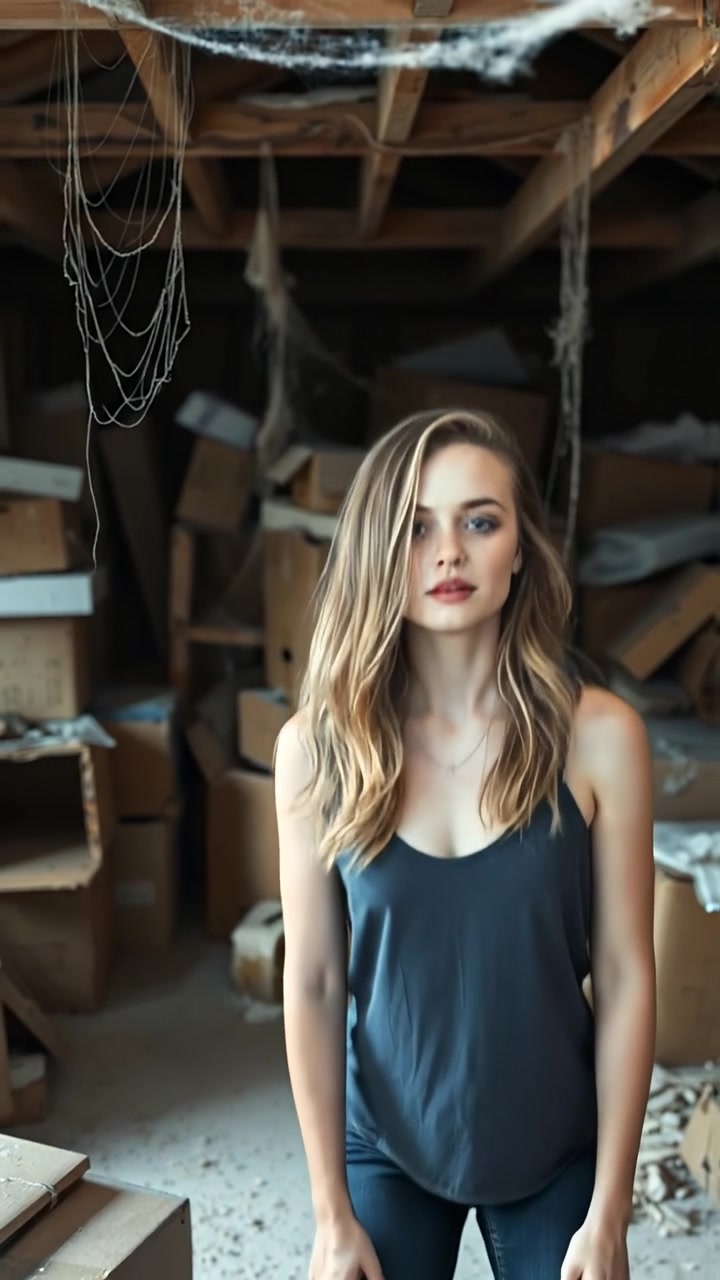 Featuring Ashley standing in a dusty attic filled with old boxes and cobwebs, illuminated by soft, warm natural light filtering through a small skylight. The scene showcases high detail, a smooth camera dolly shot emphasizing the cluttered atmosphere, with ambient sounds of distant dripping and creaking wood.
