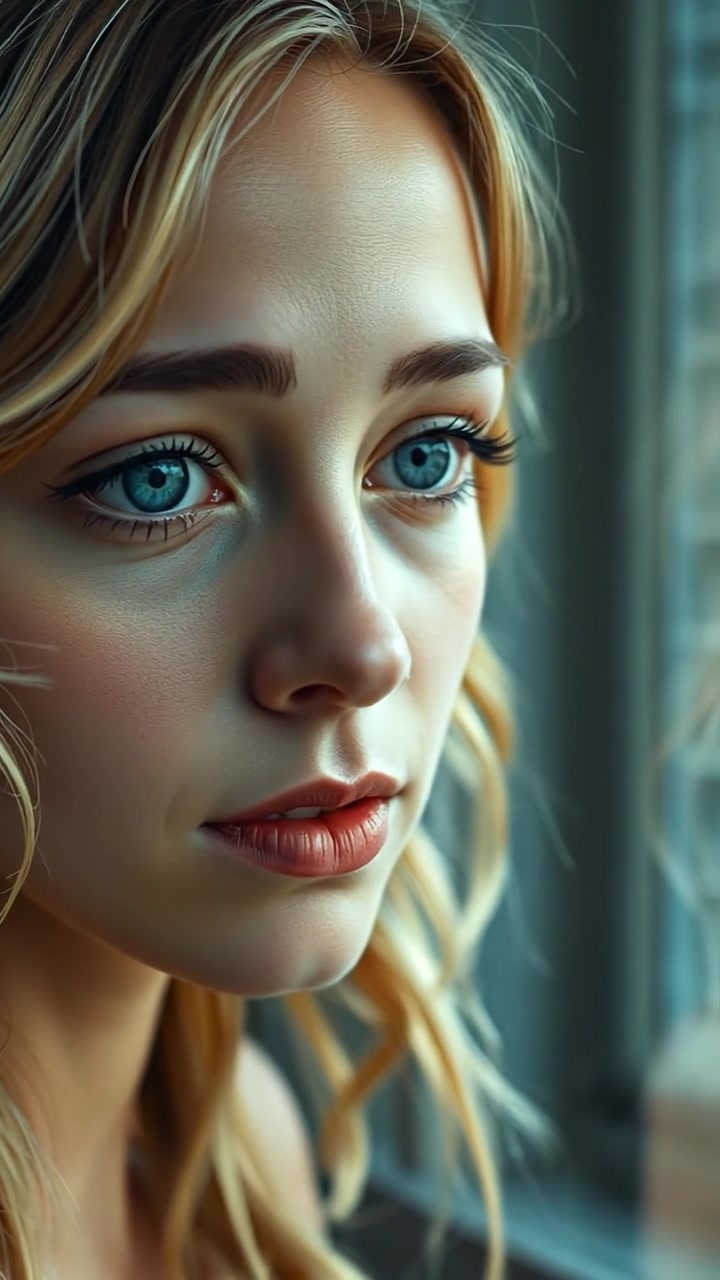 A close-up of Ashley’s face showing contemplation under soft, natural lighting, high detail, with gentle camera focus highlighting her tired eyes. Smooth cinematic movement captures her reflection, set against a muted background. The audio features subtle ambient sounds enhancing introspection.