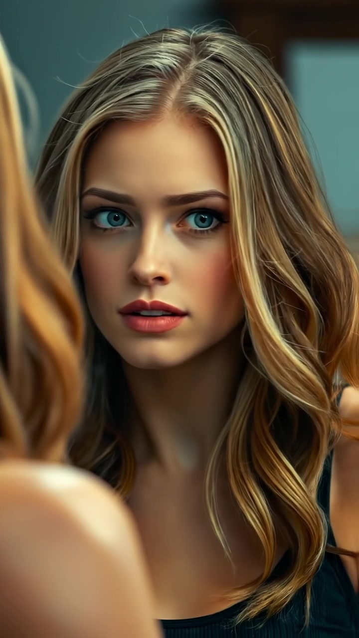 A close-up of Ashley looking into a mirror, her face reflecting courage and determination, captured with soft, natural lighting and high detail. The camera employs a gentle dolly shot to emphasize her reaffirming gaze, with a warm-toned background. The audio features subtle ambient sounds of a quiet room.