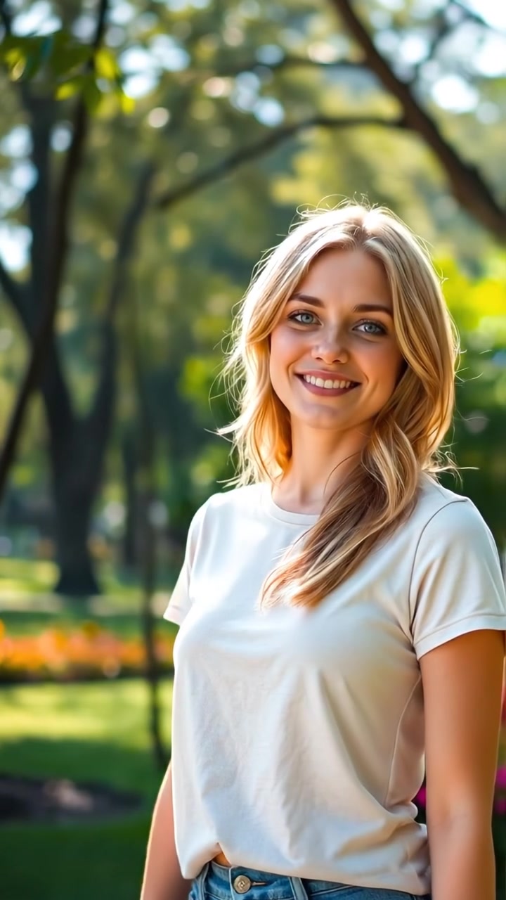 Ashley stands smiling in a lush park filled with vibrant trees and colorful flowers, bathed in soft, natural sunlight. The scene features a gentle breeze, high detail, smooth camera movement, and warm tones. The background audio features cheerful bird songs and rustling leaves.