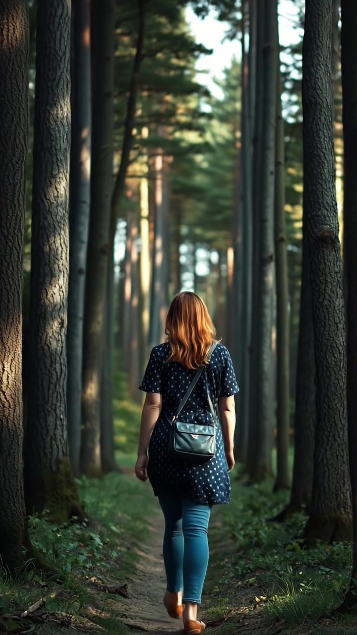 Ashley walking on a narrow forest path surrounded by towering trees, bathed in dappled sunlight with soft shadows, gentle camera dolly movement capturing the lush greenery, high detail and natural lighting. The background features serene forest sounds and rustling leaves.