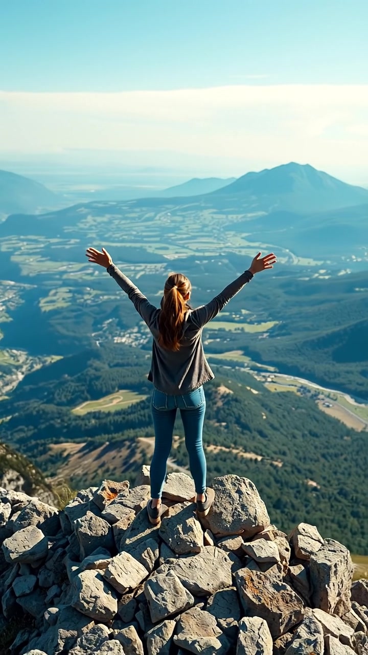 Hannah standing triumphantly on a rugged mountain peak, overlooking a sprawling landscape under a clear blue sky. Bright natural lighting highlights the scene with high detail and a smooth camera tilt emphasizing her victorious pose. The background features distant mountains and green valleys. The audio features wind and distant bird calls.