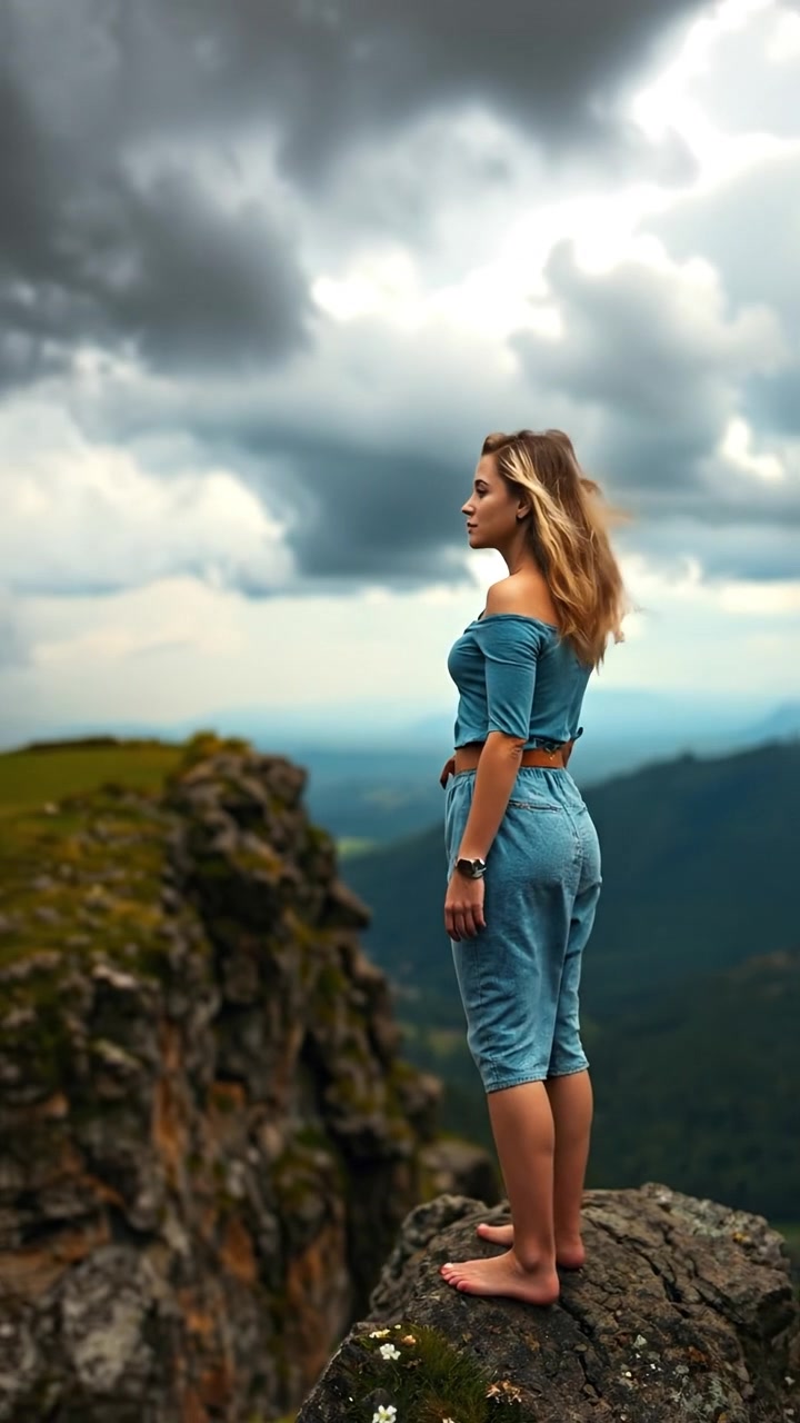 Ashley stands on a rugged rocky cliff overlooking a sprawling landscape under a stormy sky filled with dark clouds, captured with high detail and smooth camera movement, emphasizing the dramatic atmosphere and overcast ambiance, with the background sound of distant thunder and swirling wind.