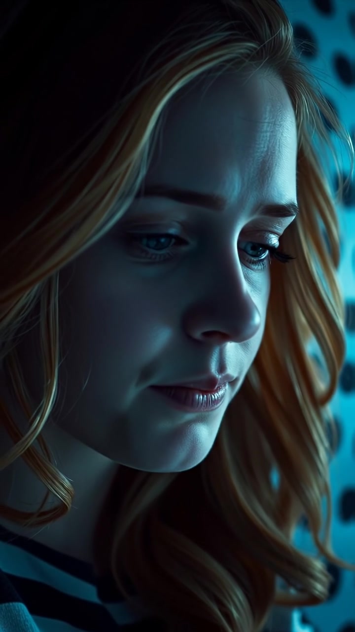 A close-up of Ashley awake in a dimly lit room, exhibiting a distressed expression. The scene features soft shadows, subtle warm tones, and smooth camera focus highlighting her emotional state. Gentle ambient lighting enhances the tension. The audio features subtle atmospheric sounds in the background.