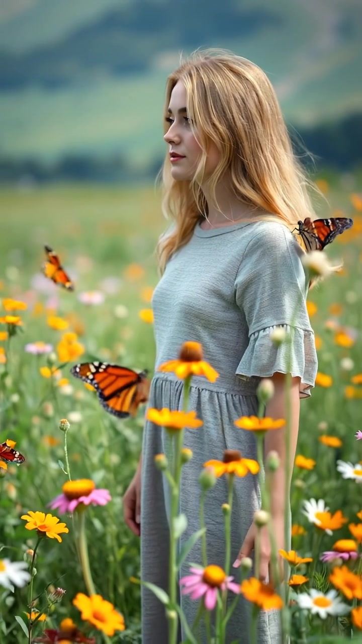A young woman named Ashley stands gracefully in a vibrant meadow filled with blooming wildflowers and fluttering butterflies. Natural sunlight bathes the scene with warm tones, with a gentle breeze causing flowers and butterflies to sway. The background features distant trees and a clear blue sky. The audio features gentle nature sounds and birds chirping.