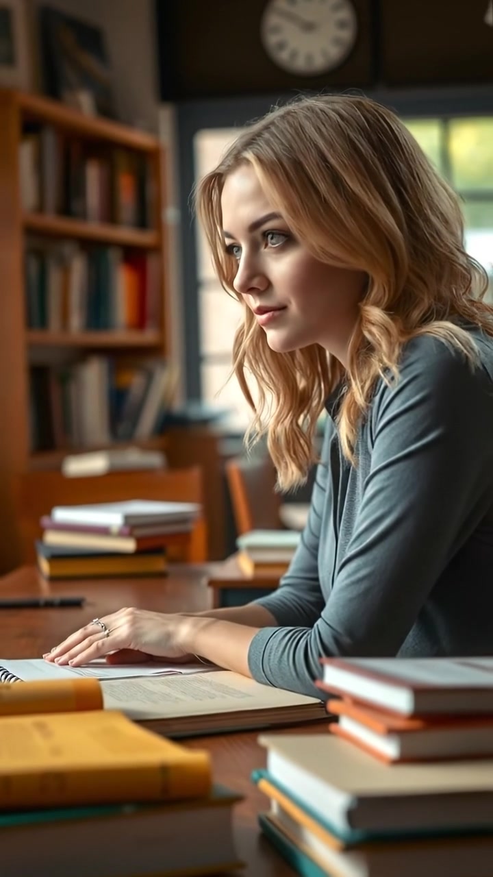 Ashley sitting at a desk piled with textbooks and papers, her expression inspired and focused. Natural lighting illuminates the scene, with a soft glow highlighting her face. The camera slowly zooms in in a smooth, cinematic style as gentle background ambient music plays, evoking a studious and motivated atmosphere.