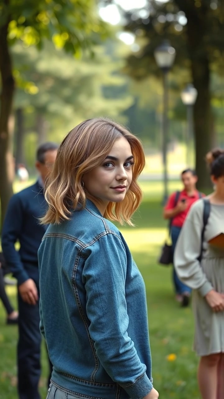 Ashley in a peaceful park, gazing back at her parents sitting on a bench, reading a book; natural sunlight illuminates the scene with warm tones, high detail, smooth camera movement capturing the gentle atmosphere. The background features lush trees and soft grass, with the sound of rustling leaves and distant birdsongs.