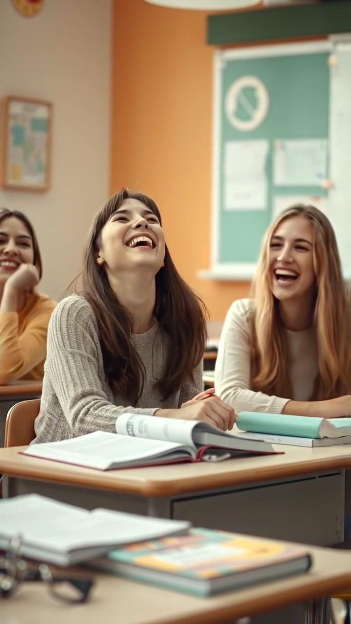 Three young women laughing in a classroom, sitting at their desks with scattered books, illuminated by warm, natural lighting, captured in a smooth panning shot with vibrant colors and high detail, creating an energetic and joyful atmosphere. The audio features soft classroom ambient sounds.