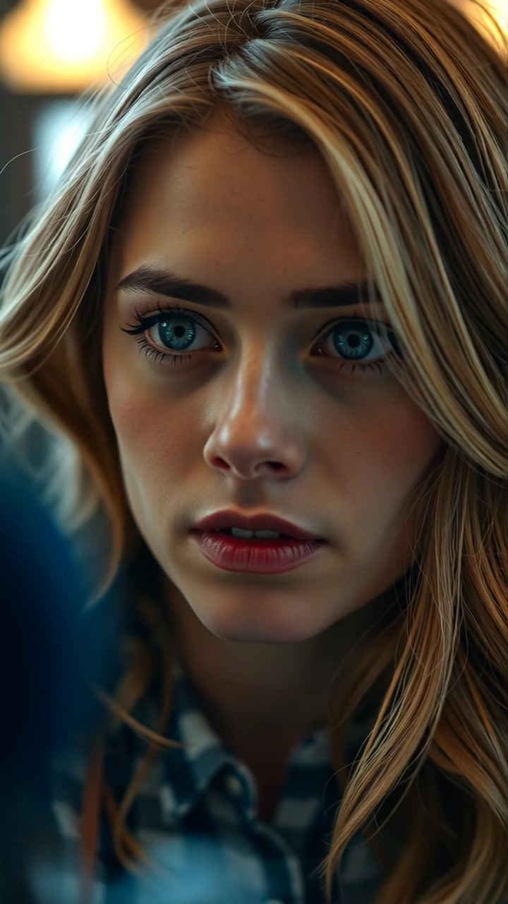 Close-up of Ashley’s face with a determined expression, captured in soft, natural lighting, high detail, smooth camera focus with gentle depth of field. The background is softly blurred, emphasizing her emotions. The scene exudes intimacy and tension, complemented by a subtle ambient sound of breathing.