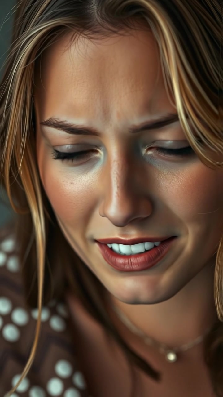A close-up of Ashley's face, tears forming in her eyes as she speaks with vulnerability, shot with natural lighting and high detail, soft focus background, gentle camera zoom emphasizing emotion, warm tones and smooth camera movement. The audio features subtle ambient sounds of a quiet room.