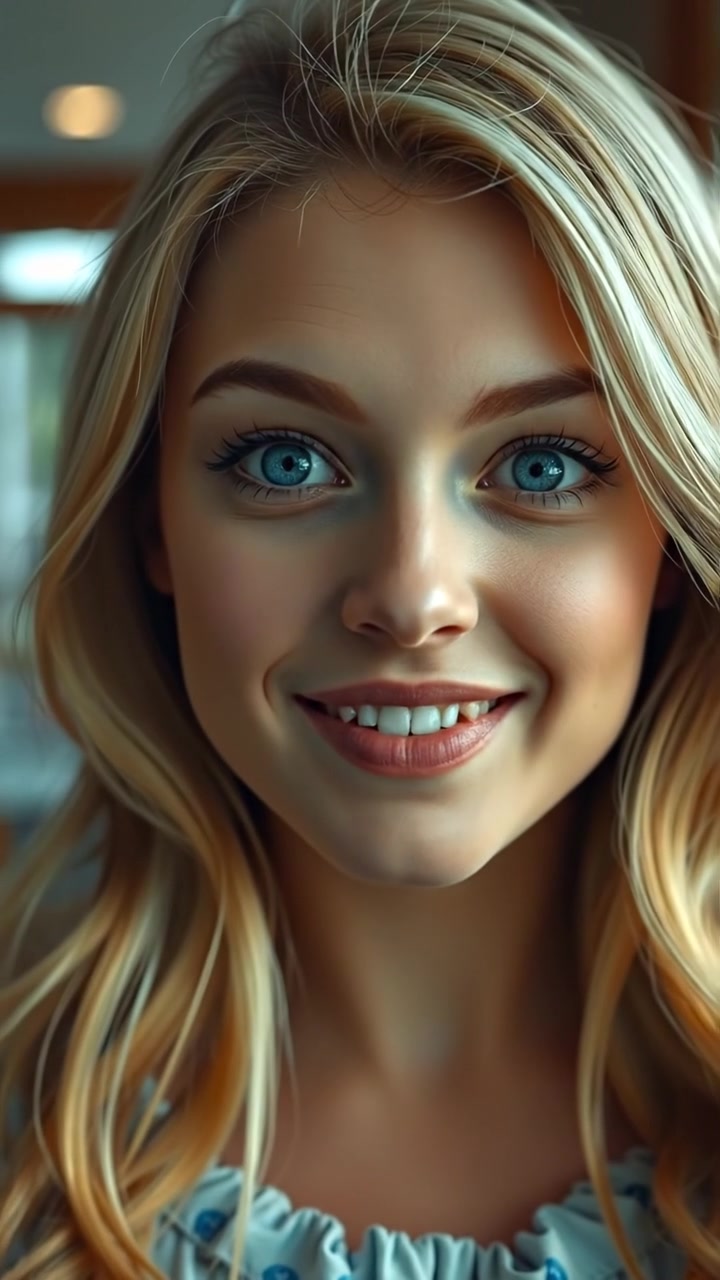 A close-up of Ashley’s face, capturing her surprised expression and the subtle beginnings of a smile. Shot with soft natural lighting, high detail, smooth camera focus, and gentle depth of field. The background features a softly blurred ambient setting. The audio features gentle ambient music.