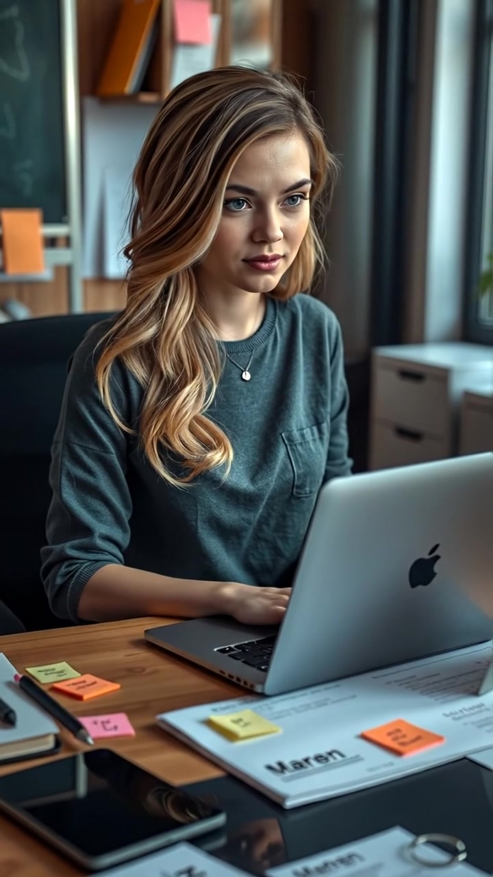 Ashley sitting at a desk with a laptop, surrounded by colorful sticky notes and business documents, illuminated by warm natural light, captured with a high-detail, smooth camera movement that emphasizes focus and productivity, against a softly blurred office background, with ambient sounds of typing and subtle office ambiance.