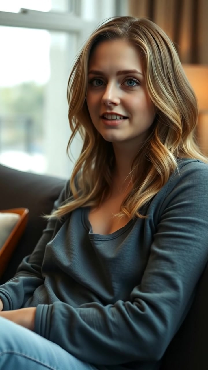 Ashley sitting on a cozy sofa with a hopeful expression, nodding in agreement, bathed in warm, natural lighting with soft shadows, shot with a smooth camera movement to enhance intimacy, set against a comfortable living room background. The audio features gentle ambient sounds of a quiet, inviting space.