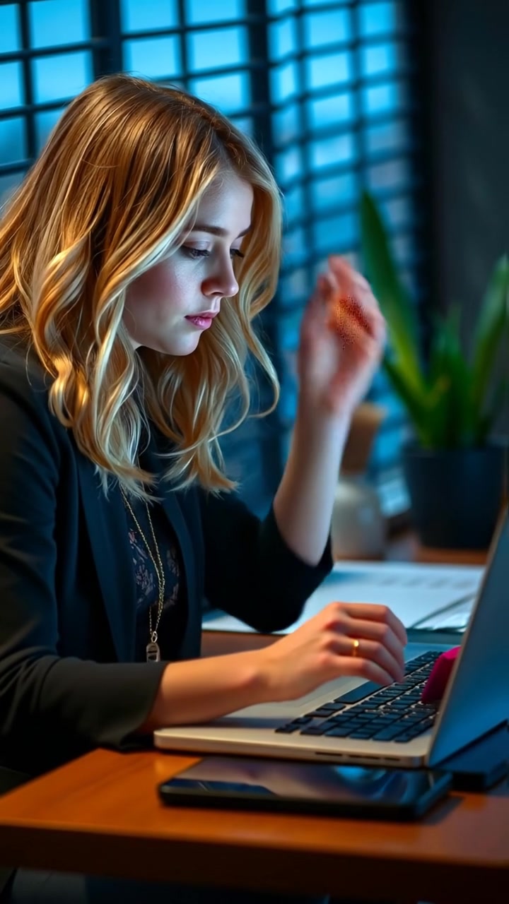 Ashley at her modern desk absorbed in her laptop, with warm ambient lighting and soft shadows, captured in a smooth close-up with a shallow depth of field, highlighting her concentration. The background shows a tidy workspace with minimal decor. The audio features the gentle tapping of keyboard keys.