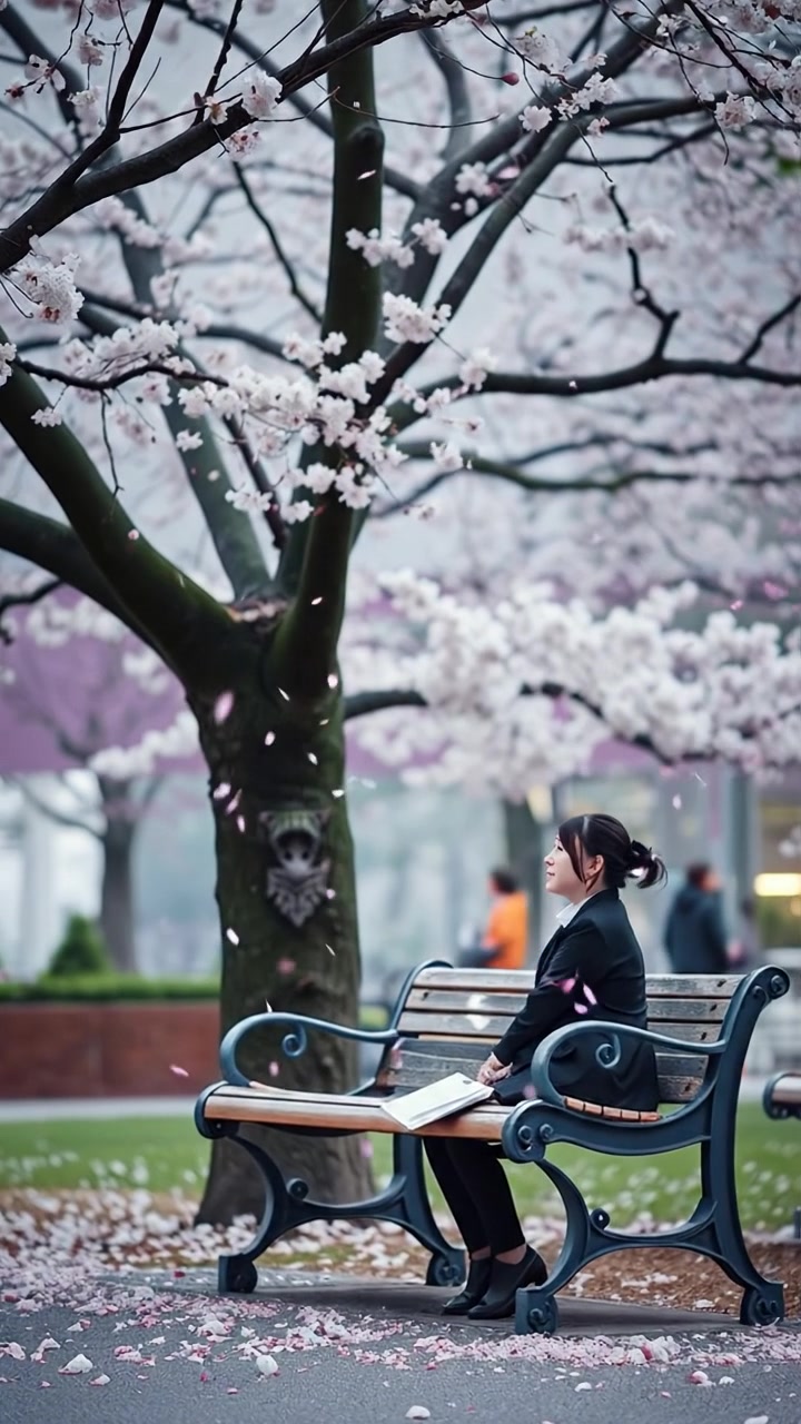 A serene park scene featuring Eva sitting on a wooden bench beside a blooming cherry blossom tree with delicate pink petals falling gently in the breeze. Natural soft lighting, high detail, smooth camera movement capturing her contemplative moment against a lush, tranquil background. The audio features gentle wind and nature sounds.