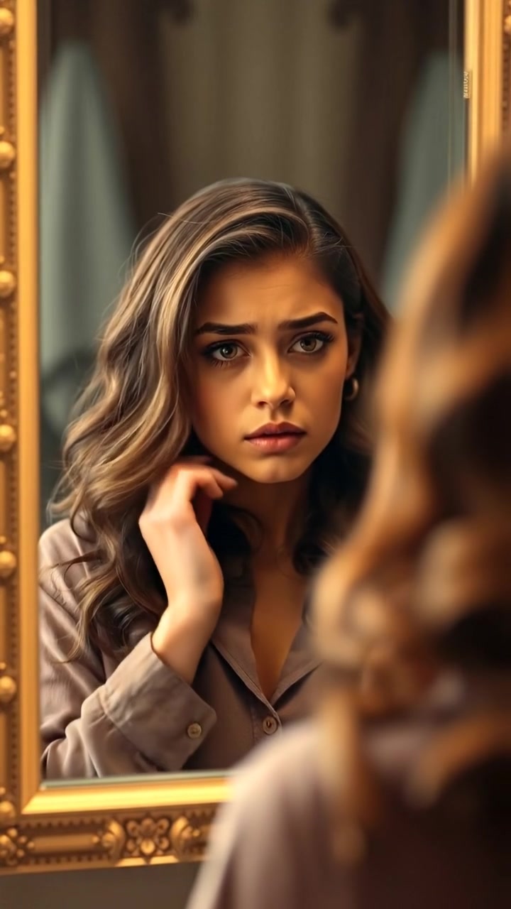 A woman named Maya gazes into a mirror with a worried expression, soft natural lighting highlighting her features, smooth camera movements capturing her contemplative mood, with warm tones and subtle shadows, set against a cozy bedroom background; the ambient sound features gentle ambient music.