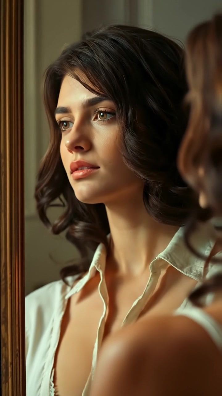Maya gazing into a mirror in a softly lit room, capturing her contemplative expression with gentle natural lighting and high detail. Smooth camera focus emphasizes her introspective mood, with warm tones creating an intimate atmosphere. The background features subtle household details, accompanied by calming ambient music.