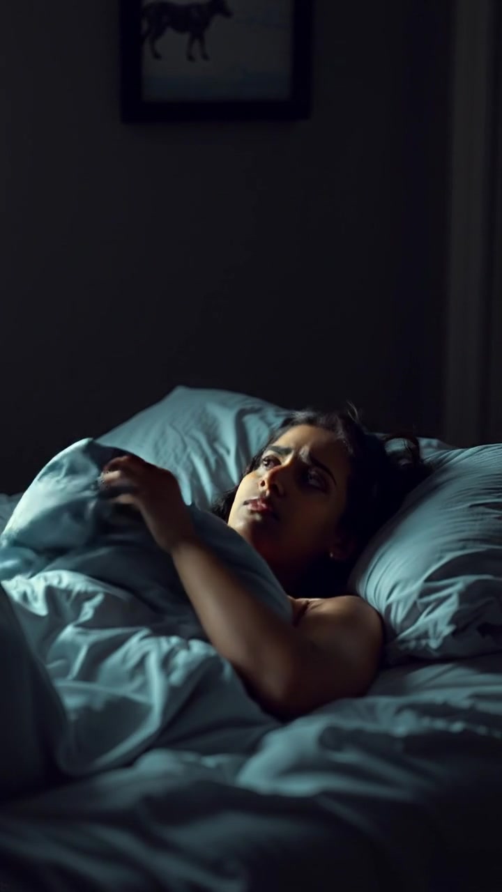 A woman lying in a dimly lit bedroom, appearing restless and awake, with soft shadows and warm tones highlighting her expression. Smooth camera movement captures her shifting position under the blankets as natural, gentle lighting creates a quiet, intimate atmosphere. The audio features subtle bedroom ambient sounds.