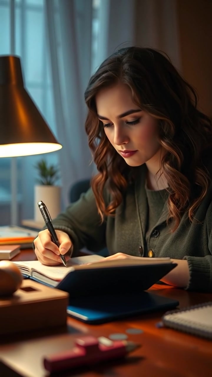 A focused young woman named Maya writing in her notebook at her desk, illuminated by a warm, soft glow of a desk lamp. The scene is shot with smooth camera movement, capturing the intimate atmosphere with natural, gentle lighting and high detail. The background features a cozy, softly lit room. The audio features ambient study sounds.
