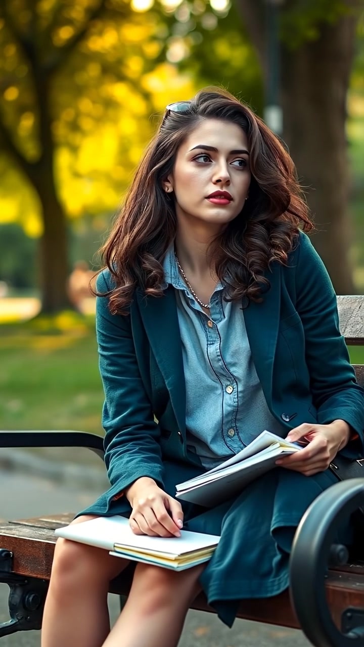 Close-up of Maya sitting on a park bench, gazing thoughtfully with a notebook on her lap, illuminated by soft natural daylight, high detail with a smooth camera focus, surrounded by lush greenery and gentle sunlight filtering through leaves, ambient sounds of rustling leaves and distant birds chirping.