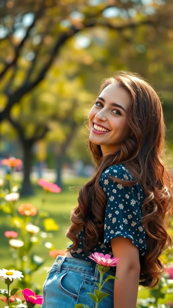 A young woman named Maya standing in a vibrant sunny park filled with blooming flowers, smiling playfully. The scene features soft sunlight, lush greenery, and a gentle breeze, captured with smooth camera movement and high detail. The background sound includes cheerful birdsong and rustling leaves.