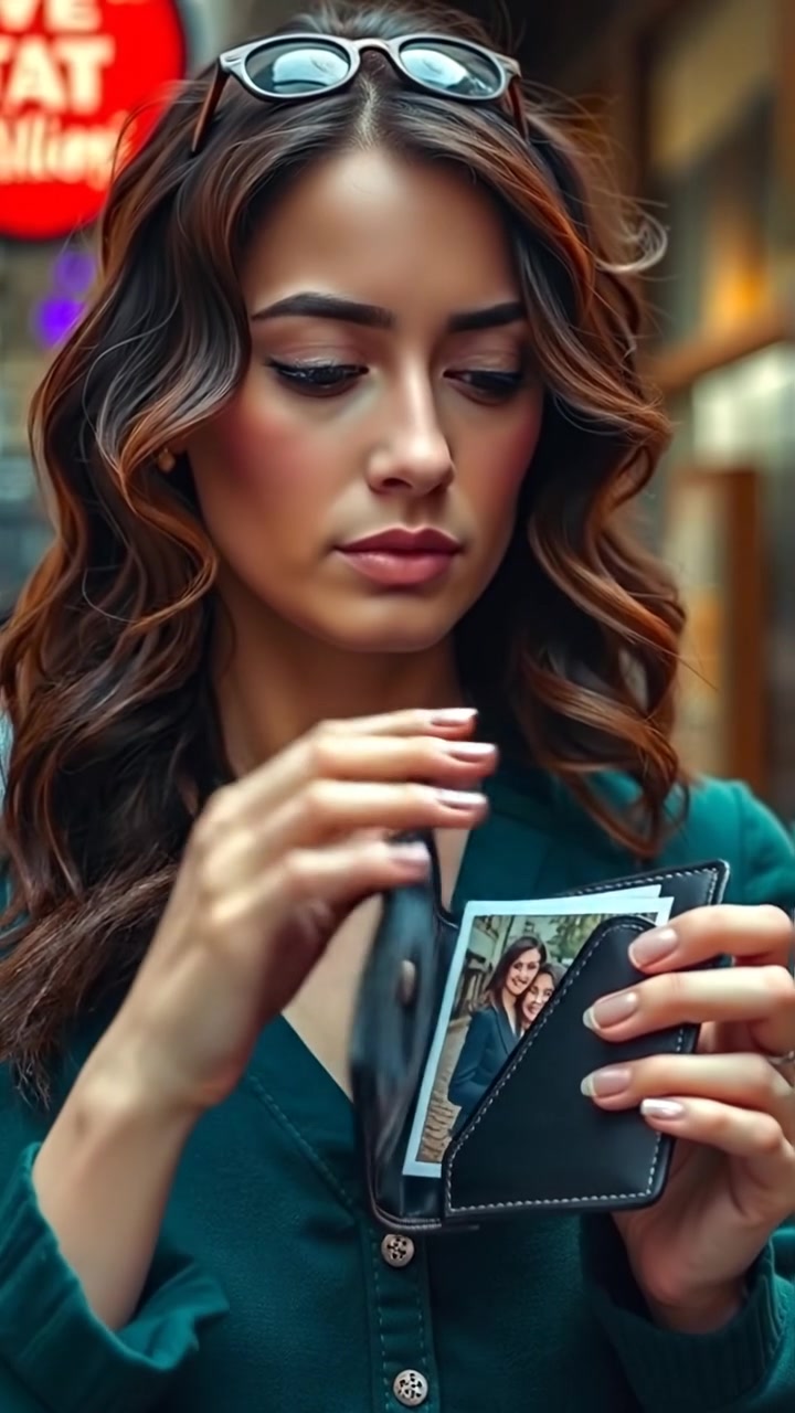 A close-up of Maya holding an open wallet with a photograph inside, gazing thoughtfully. Natural diffused lighting highlights her contemplative expression, with a softly blurred background and smooth camera focus. The scene exudes a warm, intimate mood, accompanied by gentle ambient sounds of quiet city life.