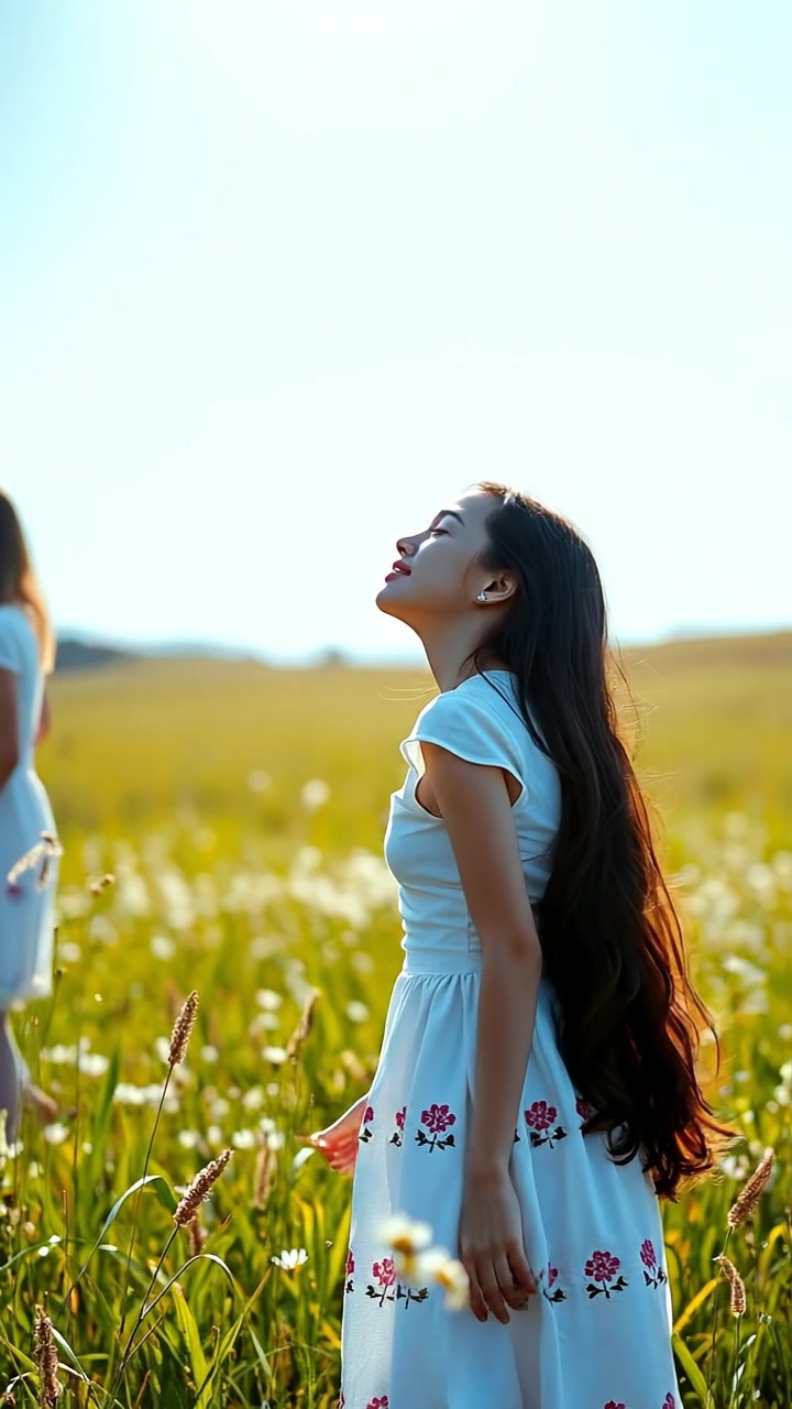 A beautiful girl standing alone in a serene meadow, gazing up at a clear blue sky, bathed in warm natural light with soft shadows. The scene features gentle breezes swaying wildflowers, captured in high detail with smooth camera movement. The background features distant rolling hills beneath a tranquil sky. The audio features gentle wind sounds.