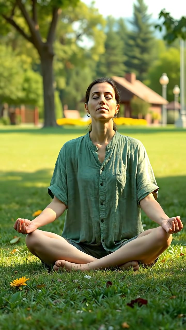 A person sitting cross-legged on lush green grass in a peaceful outdoor setting, gentle natural lighting, high detail with soft shadows, slow camera zoom capturing serene expressions, surrounded by trees under a clear sky, accompanied by gentle ambient sounds of birds and rustling leaves.