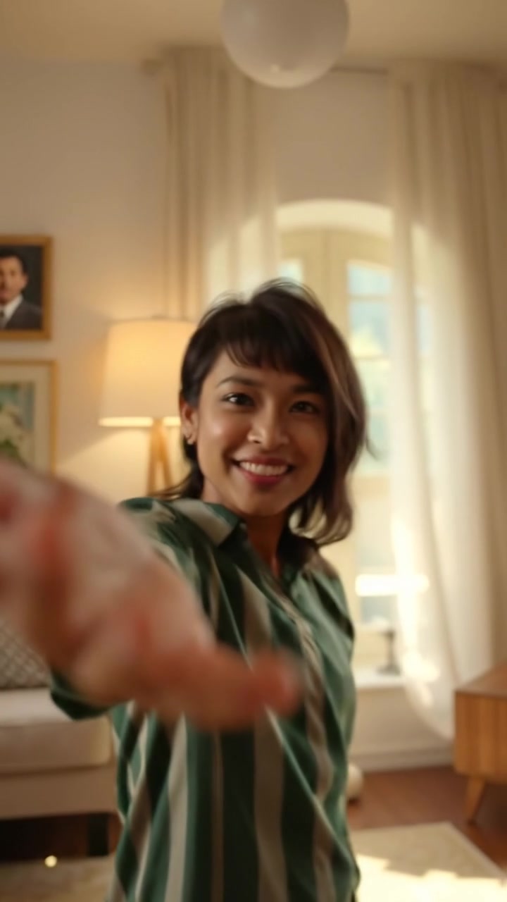 Close-up of a person's welcoming smile, warm and inviting, with gentle soft lighting. The camera slowly dollies to the left, revealing a cozy room filled with warm tones, plush cushions, and ambient lighting, creating an intimate atmosphere. The audio features soft, calming background music.
