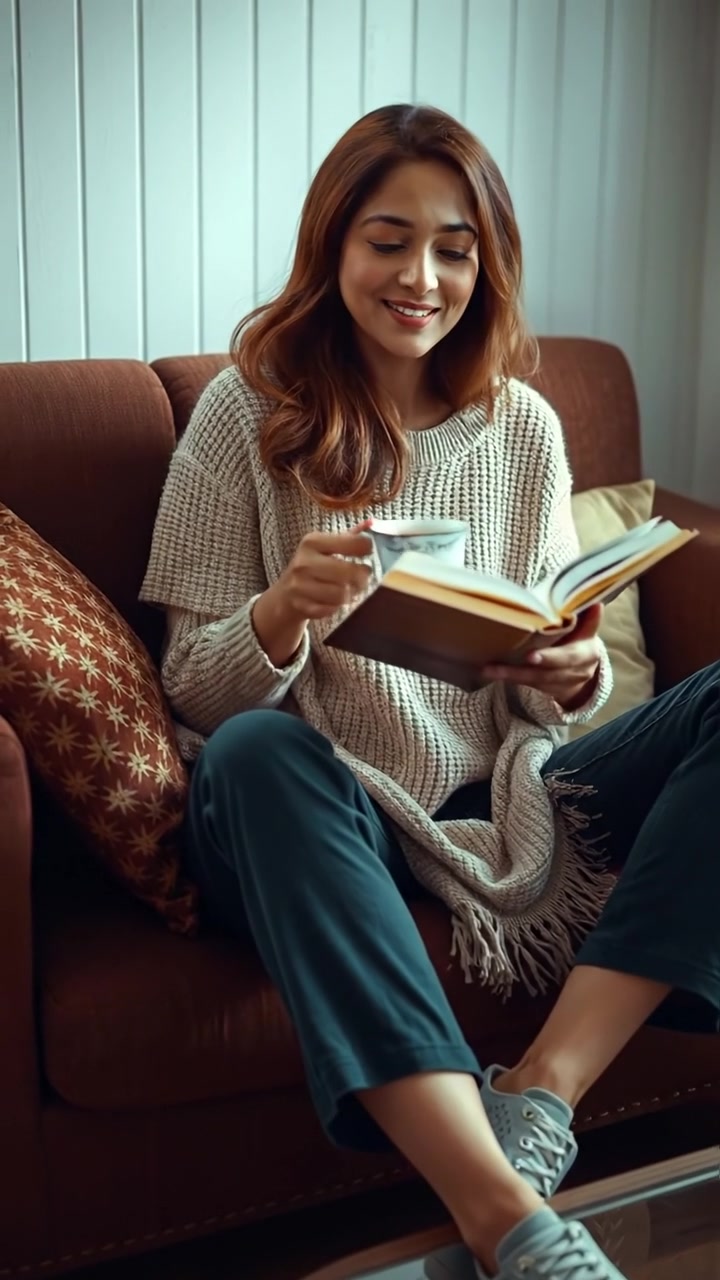 An empathetic woman sitting on a cozy sofa, holding a book and a steaming cup of tea, bathed in warm natural light with soft shadows, captured with a smooth camera dolly motion that enhances the intimate atmosphere, with a softly blurred background and gentle ambient sounds of a quiet home environment.