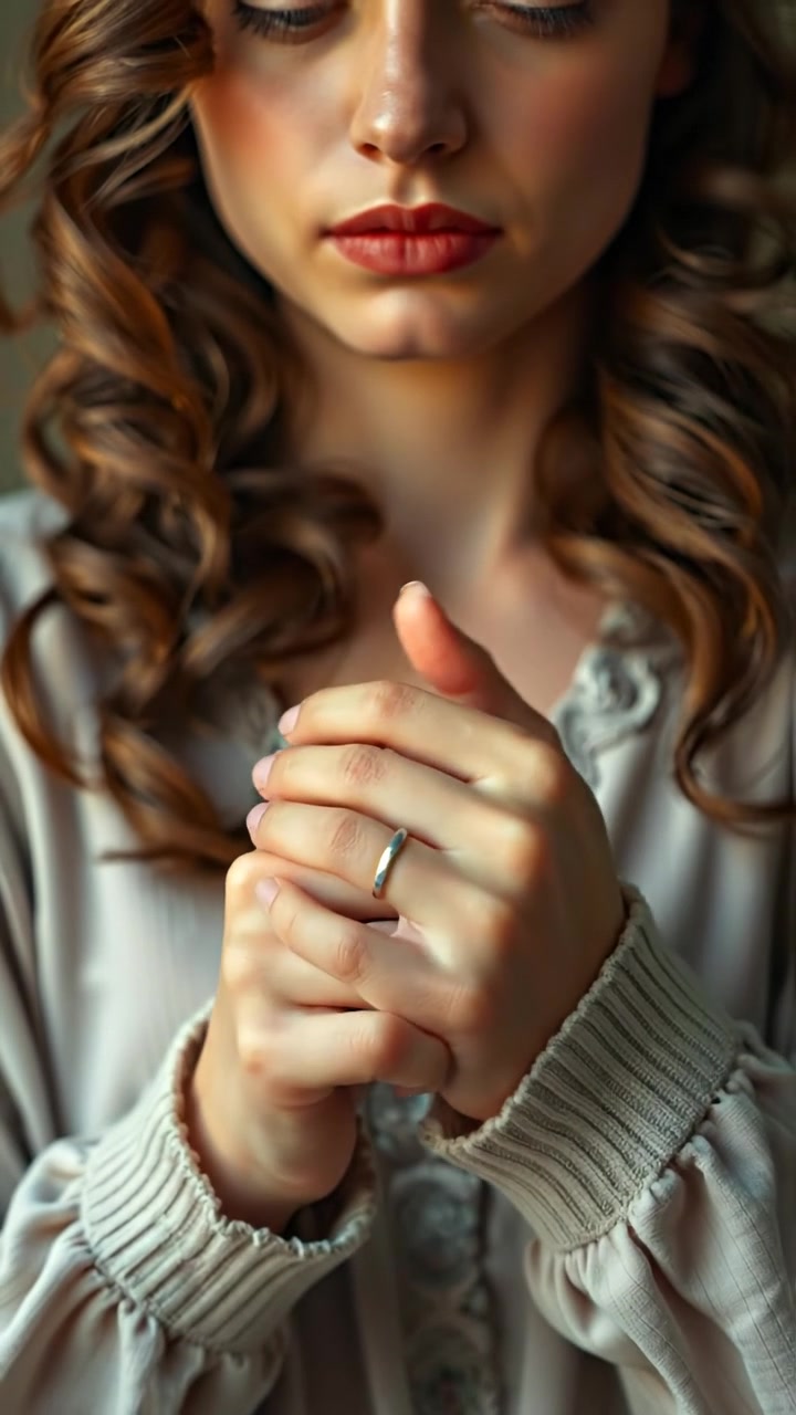 Close-up of Maya's hands clasped together, expressing nervousness and anticipation, captured with high detail and soft natural lighting, gentle camera focus shifts, emphasizing texture and emotion against a blurred background. The scene is ambient with warm tones and subtle shadows. The audio features quiet, tense ambient sounds.