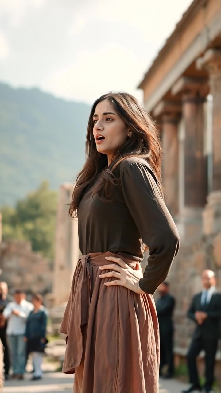Maya stands outside ancient ruins, her hands on her hips, taking a deep breath. The scene is bathed in warm natural lighting with high detail, a smooth camera glide capturing the moment, and a soft overcast sky creating gentle shadows. The background features distant crumbling stone structures. The audio features gentle wind sounds.