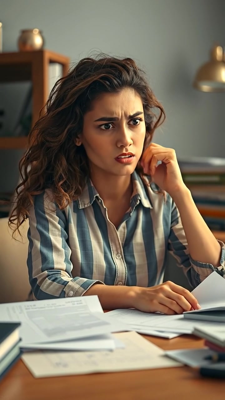 A woman named Maya, with a frustrated expression, sits at a cluttered desk covered with scattered papers, dimly lit by warm natural light, captured with a smooth camera move focusing on her tense posture. The scene has high detail and soft shadows, with the ambient background featuring faint street noise.