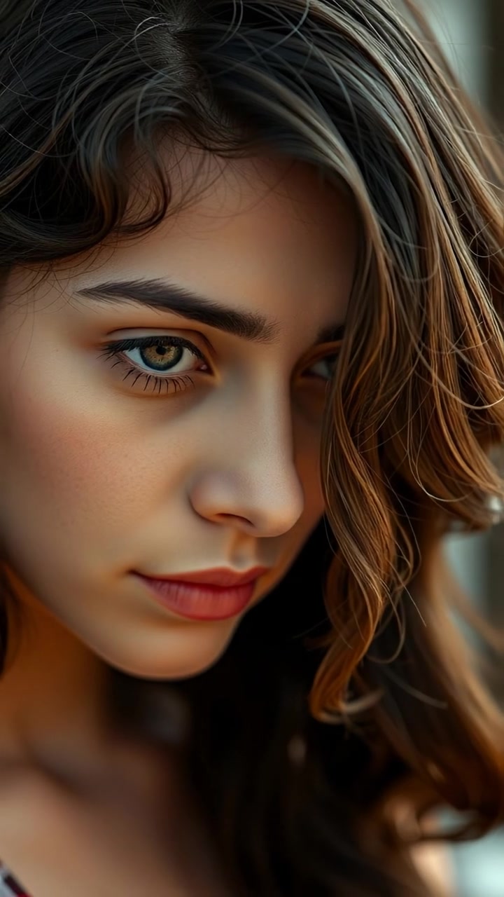 Close-up of Maya's face with a focused expression, looking downward and avoiding eye contact, illuminated by soft, natural light, capturing high detail and smooth camera focus. Subtle background blur adds depth, conveying introspection and calm. The audio features gentle ambient sounds.