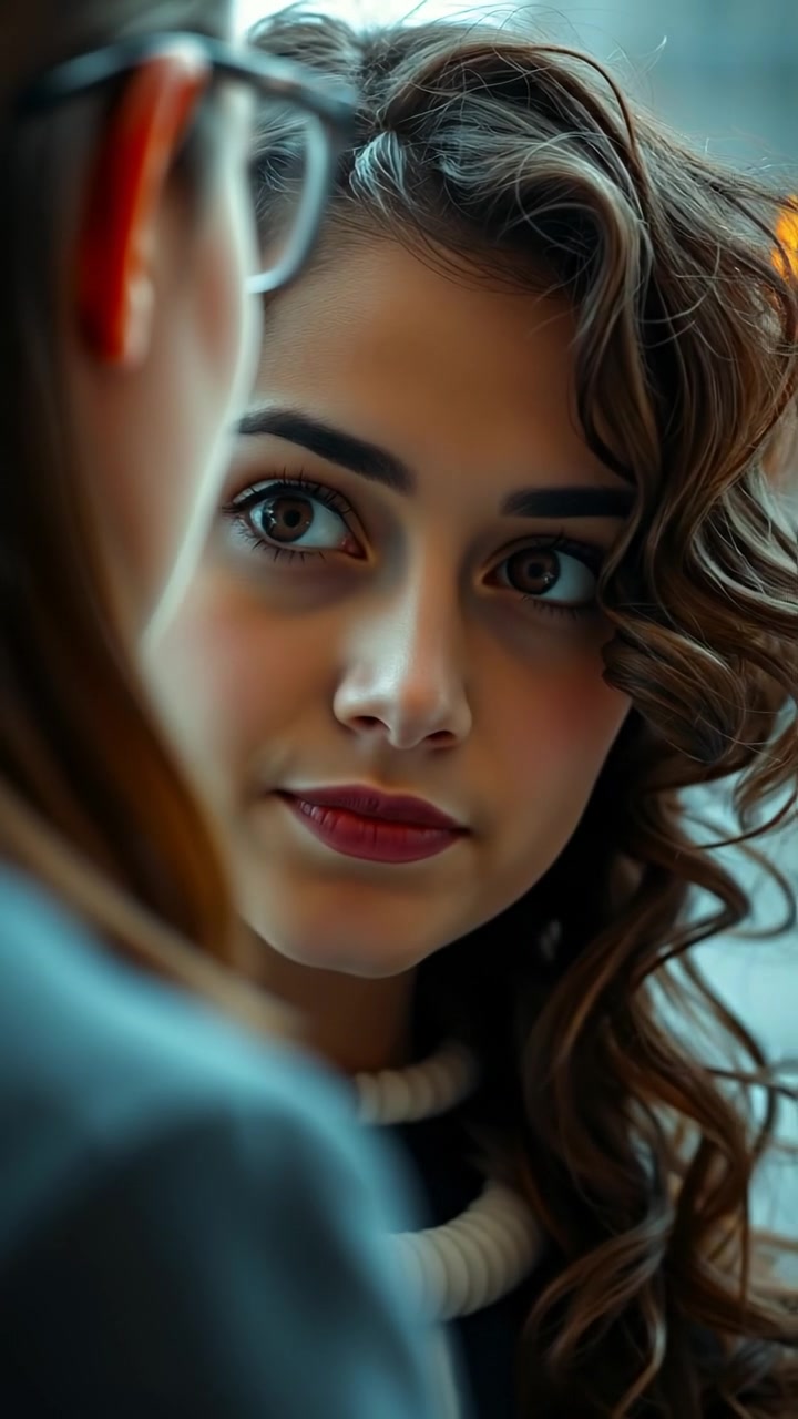 Close-up of Maya’s face showing determination as she speaks to herself, illuminated by soft natural lighting, with high detail and a shallow depth of field. The camera slowly zooms in, capturing her intense expression against a plain background. The audio features a gentle, inspiring musical score.