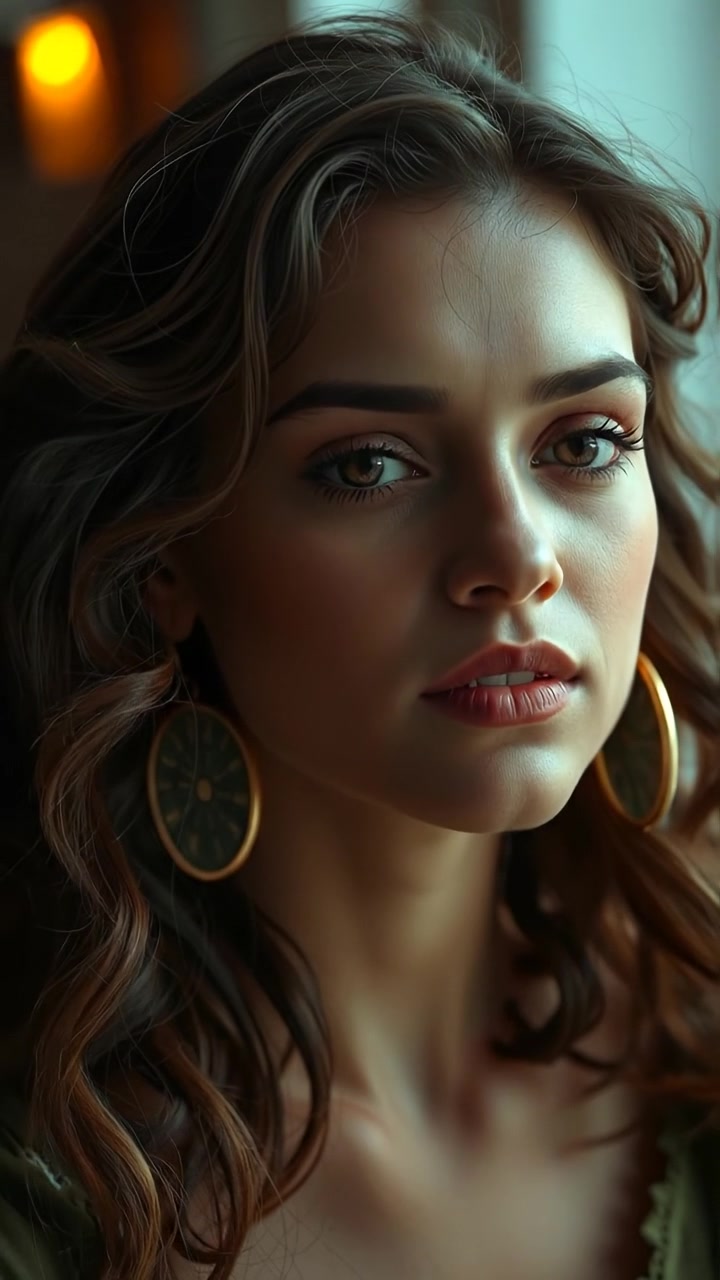 A close-up of Maya with a pensive expression, soft natural lighting highlighting her contemplative mood, high detail with smooth camera focus, gentle background blur, capturing an introspective moment. The background features muted tones. The audio features ambient calming sounds with subtle instrumental music.