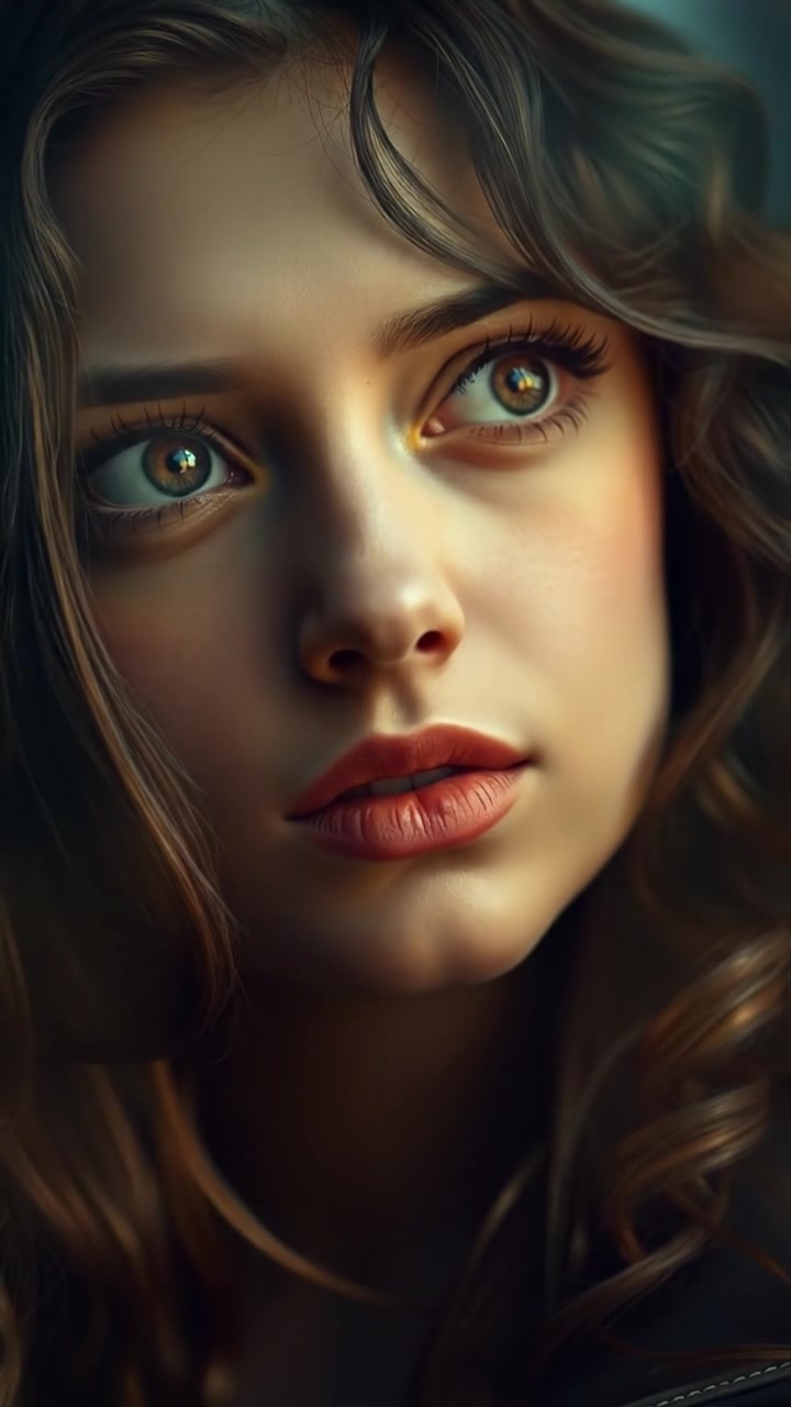 A close-up of Maya with a thoughtful expression, eyes wide, as luminous memories flash in her mind, bathed in soft, warm tones with gentle camera focus shifts and subtle cinematic glow, conveying introspection. The background features a blurred, dreamy ambiance, accompanied by a calm, ambient soundtrack.