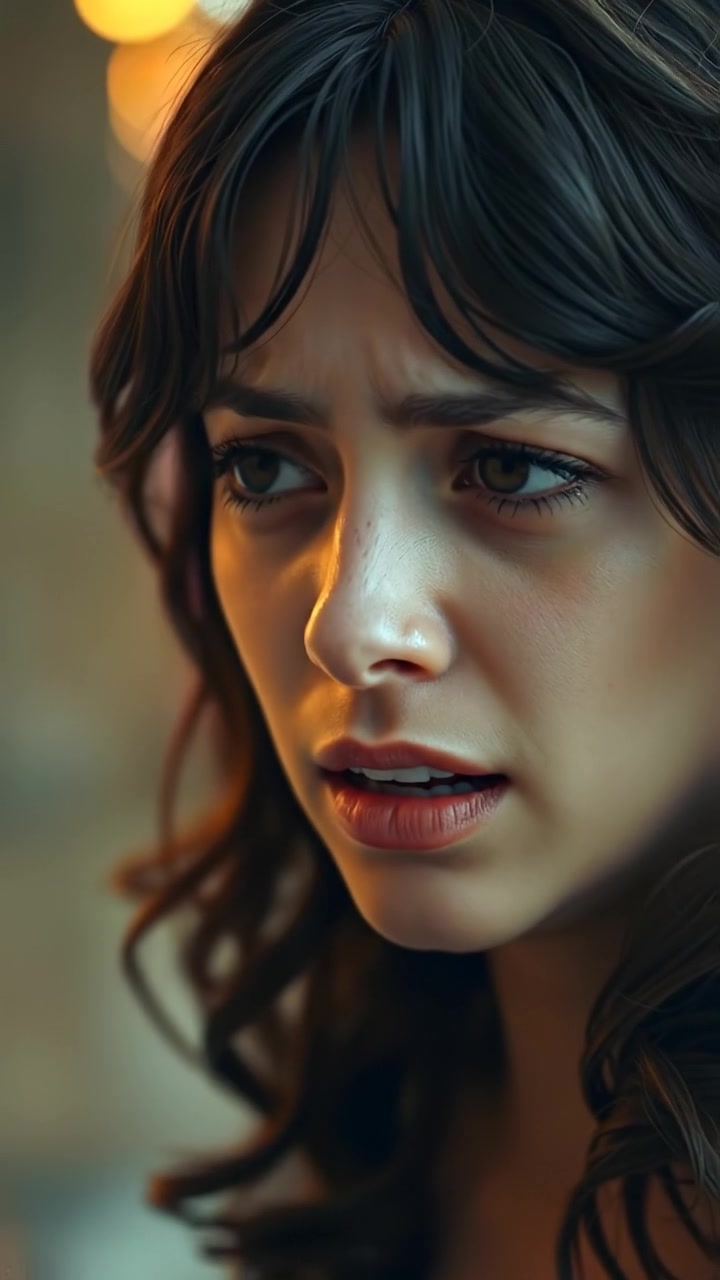 A close-up of Maya's distressed face with tears streaming down her cheeks, captured with high detail under soft, natural lighting. The camera gently zooms in, emphasizing her emotional expression against a blurred background, with warm tone ambiance. The audio features soft, melancholic music in the background.