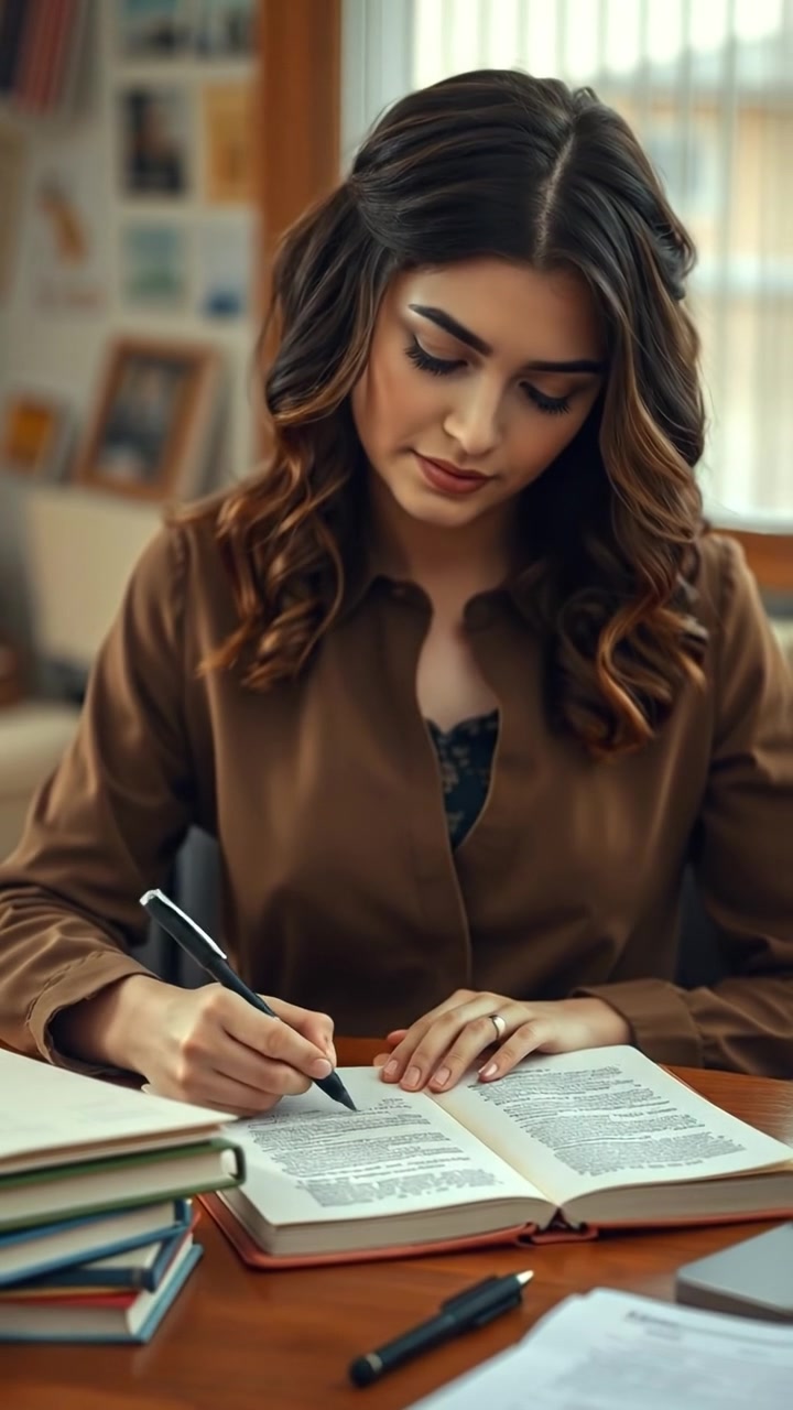 A young woman named Maya seated thoughtfully at a wooden desk, delicately writing in a journal, surrounded by warm, natural lighting that highlights intricate details of her focused expression; smooth camera movement captures a peaceful, introspective atmosphere, with soft shadows creating depth. The background features a cozy, softly lit room; the audio features gentle ambient music.
