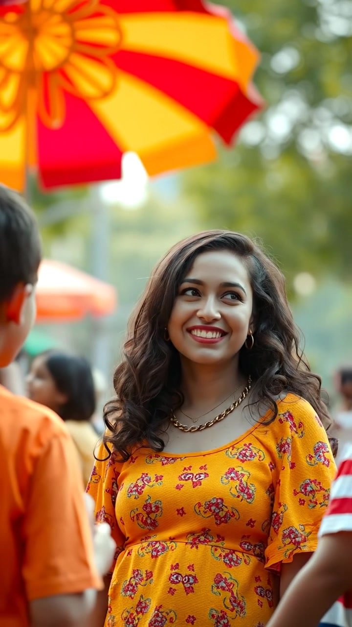Maya in a vibrant, colorful park, smiling warmly as she watches children playing. The scene features bright, natural lighting, lush greenery, and lively surroundings with high detail and smooth camera movements. The background audio features cheerful park sounds and children's laughter.