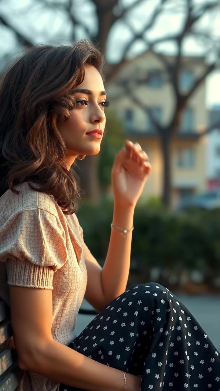 Maya sitting on a park bench, gazing thoughtfully into the distance with a contemplative expression. Natural soft lighting highlights her serene face and flowing hair, while the background features lush greenery under a clear sky. The scene employs a gentle dolly shot with smooth camera movement. The audio features ambient park sounds.
