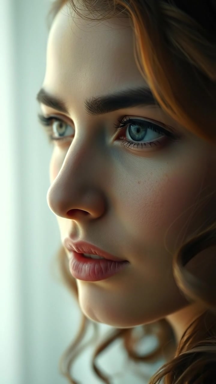 A close-up of Maya's face, softly illuminated by natural light, highlighting her mysterious expression with high detail and smooth focus. The camera slowly zooms in, creating an intimate mood against a blurred background. The scene is bathed in warm tones with gentle shadows. The audio features subtle ambient sounds.