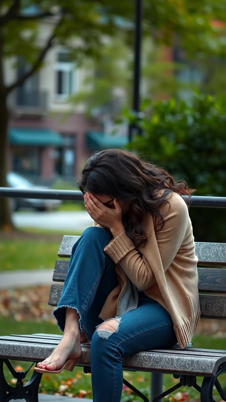 Maya sitting on a park bench in soft morning light, her face buried in her hands, conveying deep sadness. The scene features lush greenery, gentle dappled sunlight, and a quiet, peaceful atmosphere. The camera slowly zooms in as the scene is illuminated by warm, natural tones. The audio features gentle park sounds and distant birdsong.