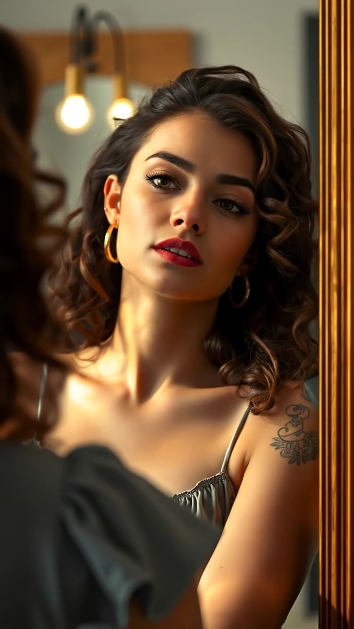 A young woman named Maya stands in front of a mirror, her face showing determination and resolve. The scene is rendered with natural lighting, high detail, and smooth camera movement, highlighting her focused expression. The background features a softly lit room. The audio features ambient home sounds.