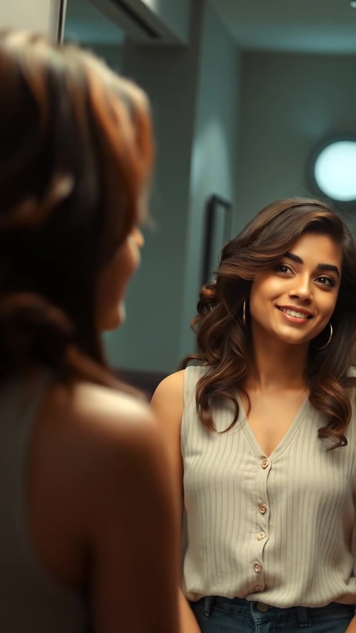 A young woman named Maya nervously smiles at her reflection in a mirror, with soft natural lighting and high detail. The camera employs a smooth dolly shot, capturing her subtle expressions as the scene exudes a contemplative atmosphere. The background features a cozy, softly lit room. The audio features gentle ambient sounds.