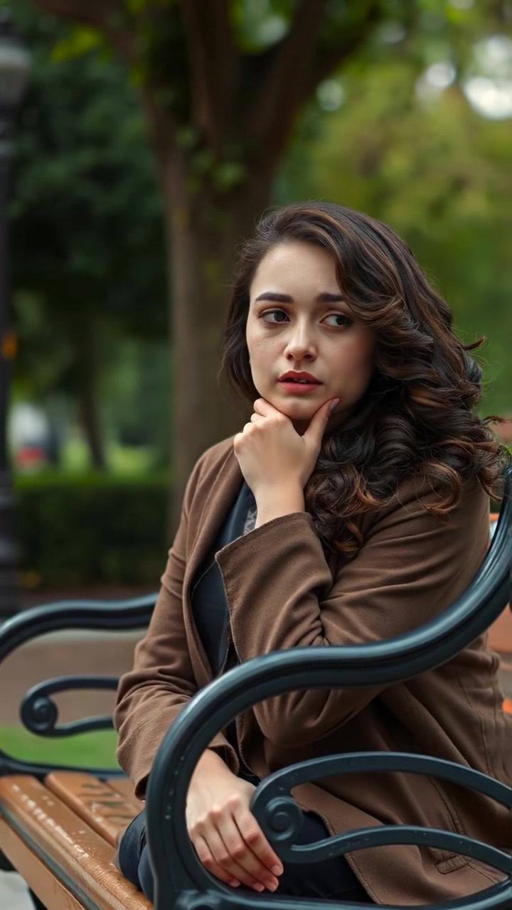 A shown scene features Maya sitting alone on a park bench, her face reflecting worry and contemplation. The setting is illuminated by warm natural light with soft shadows, capturing high detail and a gentle camera dolly shot. The background features lush greenery, and the audio features ambient park sounds.