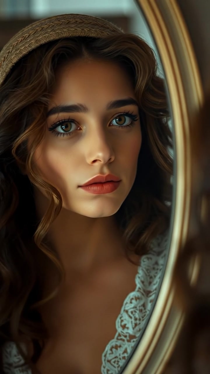 A close-up of a mirror reflecting Maya's serious expression, with eerie, distorted reflections flickering in the background under soft, natural lighting. The scene features high detail, smooth camera movement, and an unsettling atmosphere, evoking mystery. The audio features subtle ambient tones.