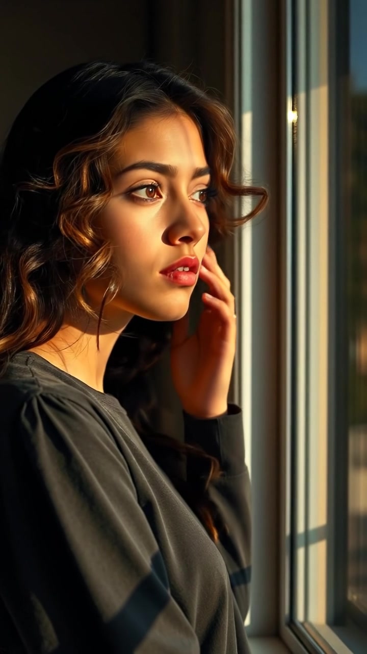 Maya stands contemplatively by a large window in a softly lit room, gazing outward with shadows gently playing across her face, captured with smooth camera movement. The scene has warm tones, natural lighting, and a serene atmosphere. The background features a quiet cityscape, and the audio features gentle ambient sounds.