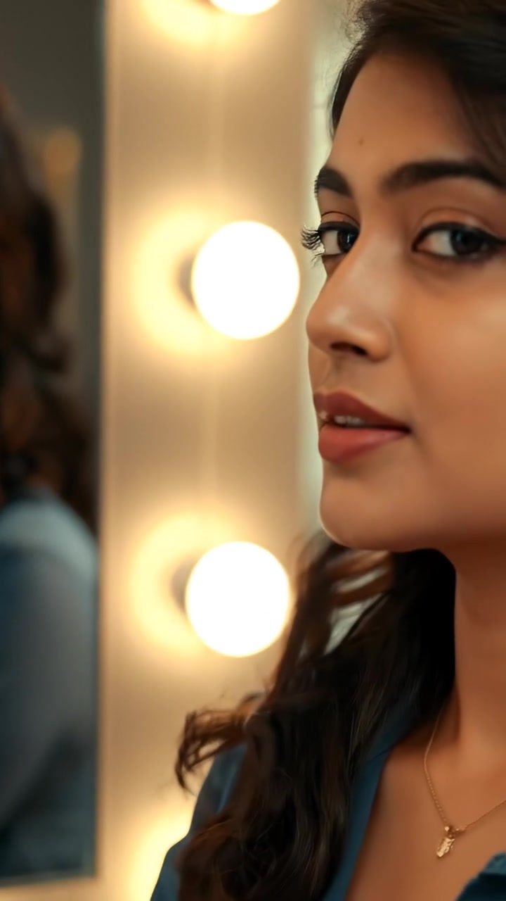 A woman with a confident expression looking at herself in a mirror, bathed in natural soft light, high detail, smooth camera zoom-in to emphasize her self-assured demeanor, with a softly blurred background. The background audio features gentle ambient music.